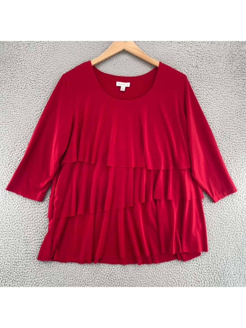 Susan Graver Top Womens 1X Red Tiered Blouse Scoop Neck Tunic 3/4 Sleeve Stretch